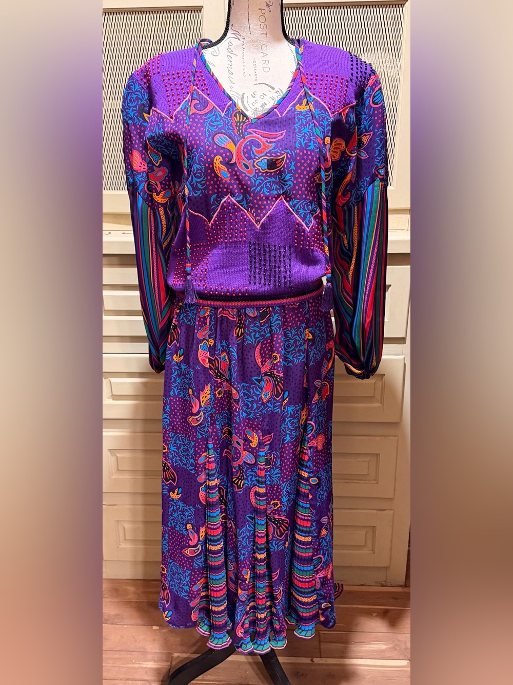 Vintage 80s Diane Freis Knits Beaded Wool Top & Pleated Skirt Set